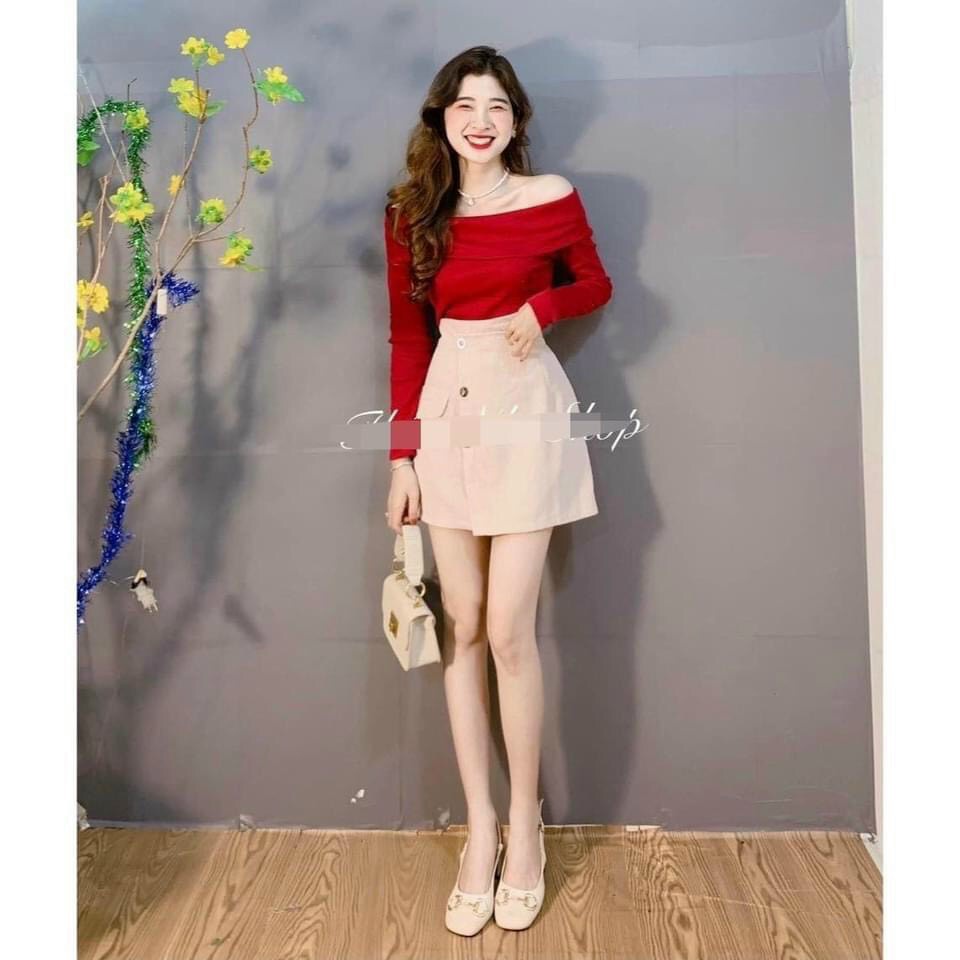 [ Miễn phí ship 2022 ] Set bộ tiểu thư, set áo trễ vai đỏ tay dài chân váy lệch phối nút, bộ bẹt vai sành điệu