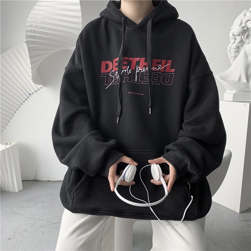 Áo hoodie dáng rộng in chữ phong cách thể thao năng động thời trang cho nam