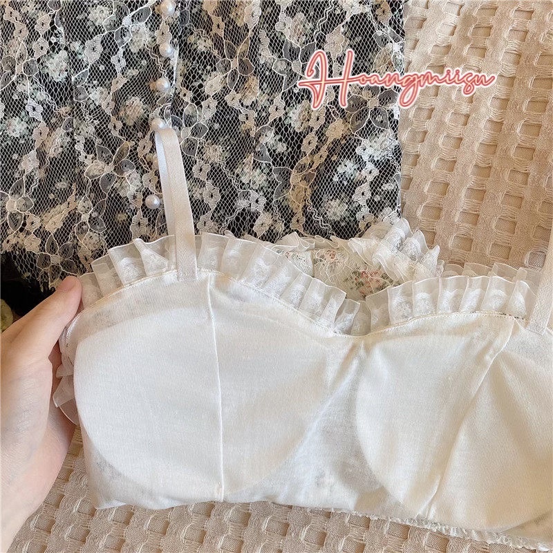 Áo bra ren 2 dây Cham hai lớp đính khuy giữa nhún lưng hoa cúc Loli AB10