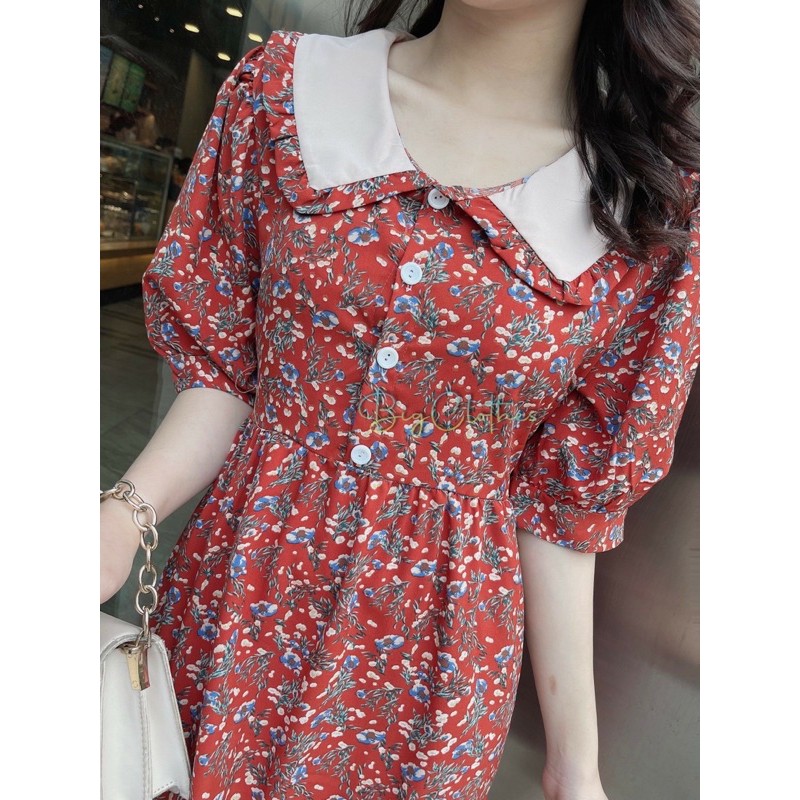 Váy đầm bigsize hoa nhí có lưng thắt eo màu đỏ thiết kế cổ bèo trắng sang chảnh thoáng mát từ 45kg đến 75kg | BigBuy360 - bigbuy360.vn