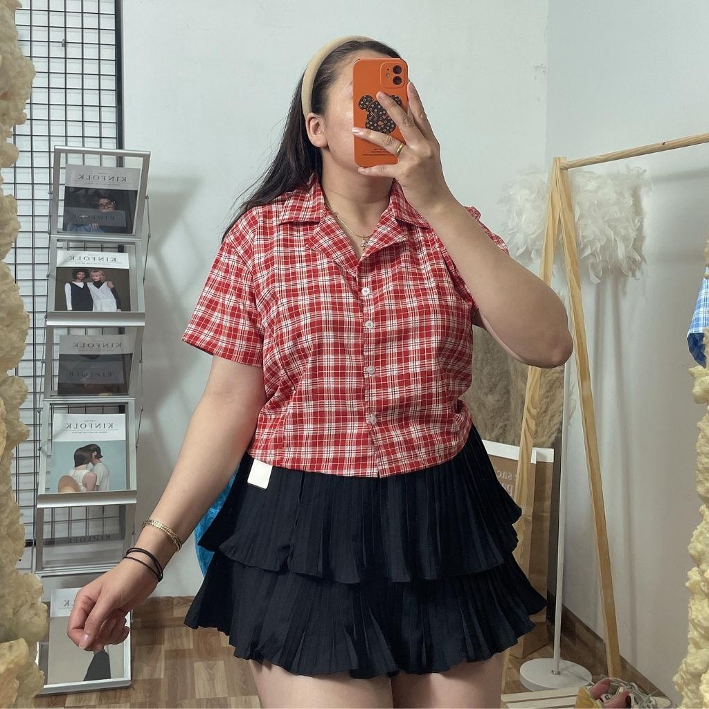 Áo Sơ Mi Nữ Phom croptop Bigsize(60kg đến 95kg),Áo sơ mi sọc caro kẻ nữ mã AK1
