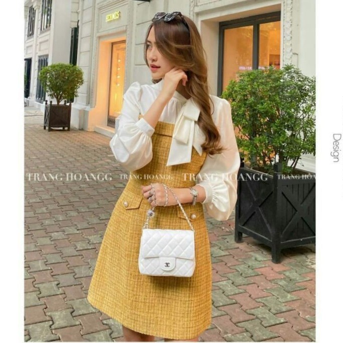 Đầm Dạ Phối Voan Cổ Nơ Xinh Cực❤FREESHIP❤ Váy Dạ Dáng Xòe Tay Voan Sang Chảnh