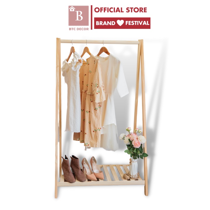 Giá Treo Quần Áo Gỗ Thông 1 Tầng BTC DECOR - Màu Sắc Tự Nhiên, Kích Thước 150 X 82 X 35 cm - BH 12 Tháng