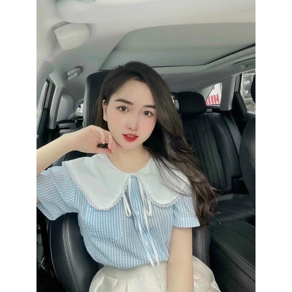 Áo sơ mi tay ngắn cổ sen nơ cột