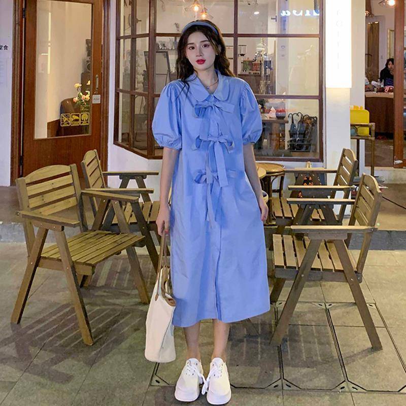 Đầm Midi Dáng Rộng Tay Ngắn In Họa Tiết Trái Tim Đính Nơ Phong Cách Pháp Thời Trang Mùa Hè Xinh Xắn Cho Nữ