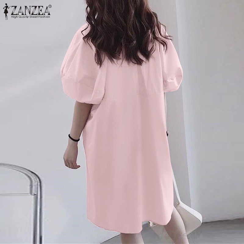 Đầm ZANZEA cổ tròn tay phồng màu trơn bằng cotton cho nữ giới