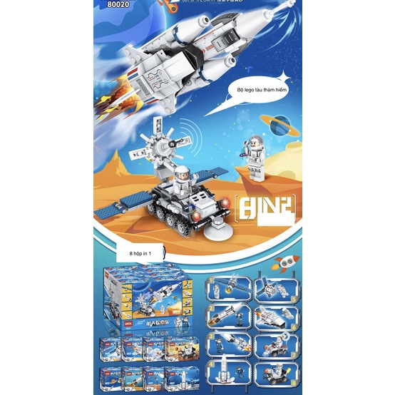 Bộ lắp ghép Legoo đội thám hiểm vũ trụ, lắp ráp tàu con thoi, lắp ghép tàu vệ tinh 8 in 1