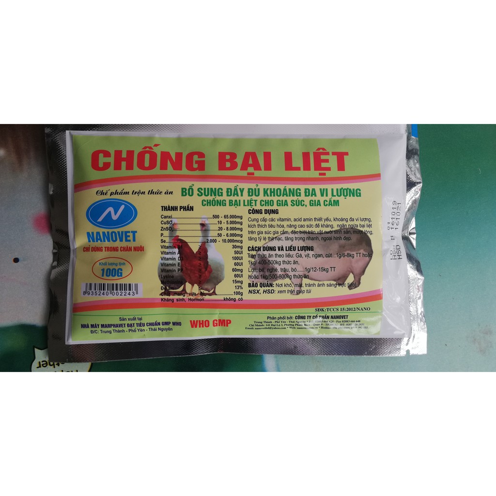 1 gói 100g CHỐNG BẠI LIỆT BỔ SUNG ĐẦY ĐỦ KHOÁNG ĐA VI LƯỢNG CHỐNG BẠI LIỆT CHO GIA SÚC, GIA CẦM, GÀ ĐÁ, CHIM