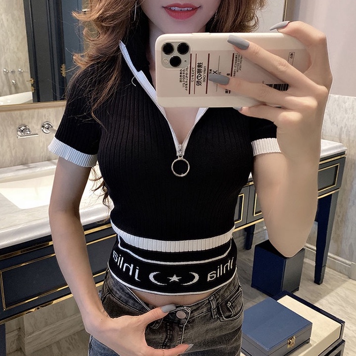 Áo Thun Tay Ngắn Cổ Cao Ôm Dáng Phối Khóa Kéo Thời Trang Mùa Hè Hàn Quốc 2022 Mới Cho Nữ