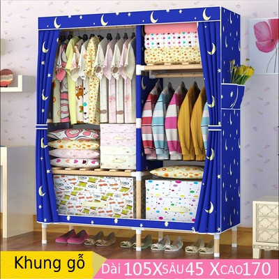(Bảo hành )Tủ vải treo quần áo khung gỗ cao cấp 2 buồng 4 ngăn size 1.05m | BigBuy360 - bigbuy360.vn