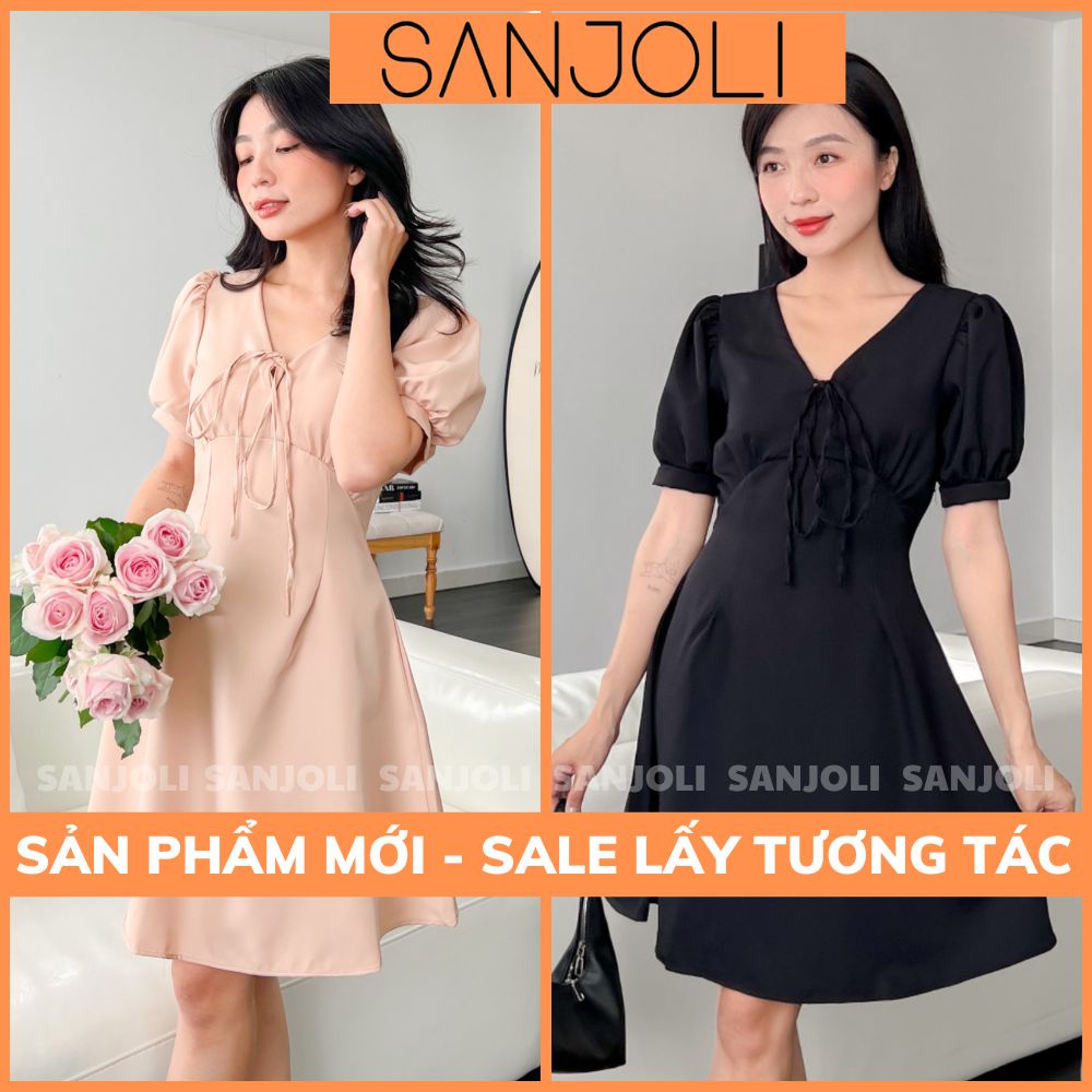 Đầm Công Sở SANJOLI Váy Xòe Công Chúa Nữ Cổ V Xòe Thắt Nơ Tay Bồng Phong Cách Hàn Quốc Ulzzang VD102
