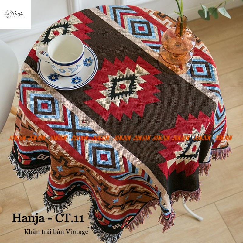 N06_Khăn trải bàn hình chữ nhật/tròn cotton&lanh Morandi organic họa tiết thổ cẩm có tua phong cách Bắc Âu