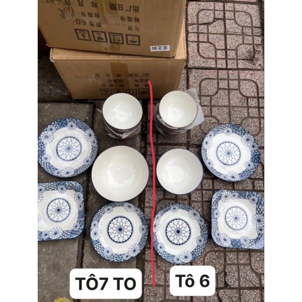Bộ Bát đĩa ăn cơm hoa văn xanh sang trọng sứ trắng men sáng dày đẹp