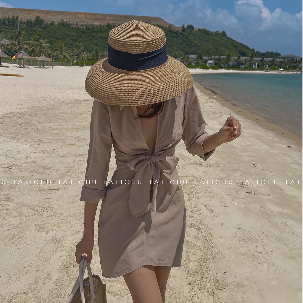 Tropicana Shirt Dress- Đầm sơ mi cổ xẻ V cột nơ, đầm linen đi biển, mùa hè