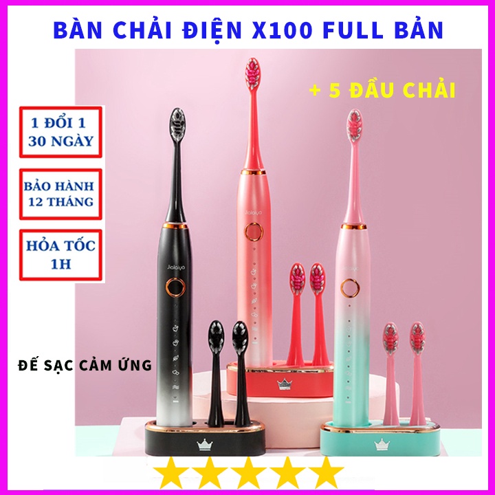 Bàn Chải Điện Tự Động 5 in 1 Cao Cấp JIALAIYA X100 Tẩy Trắng Răng Máy Đánh Răng Lông Mềm Cho Bé Tặng 5 Đầu Bàn Chải Điện