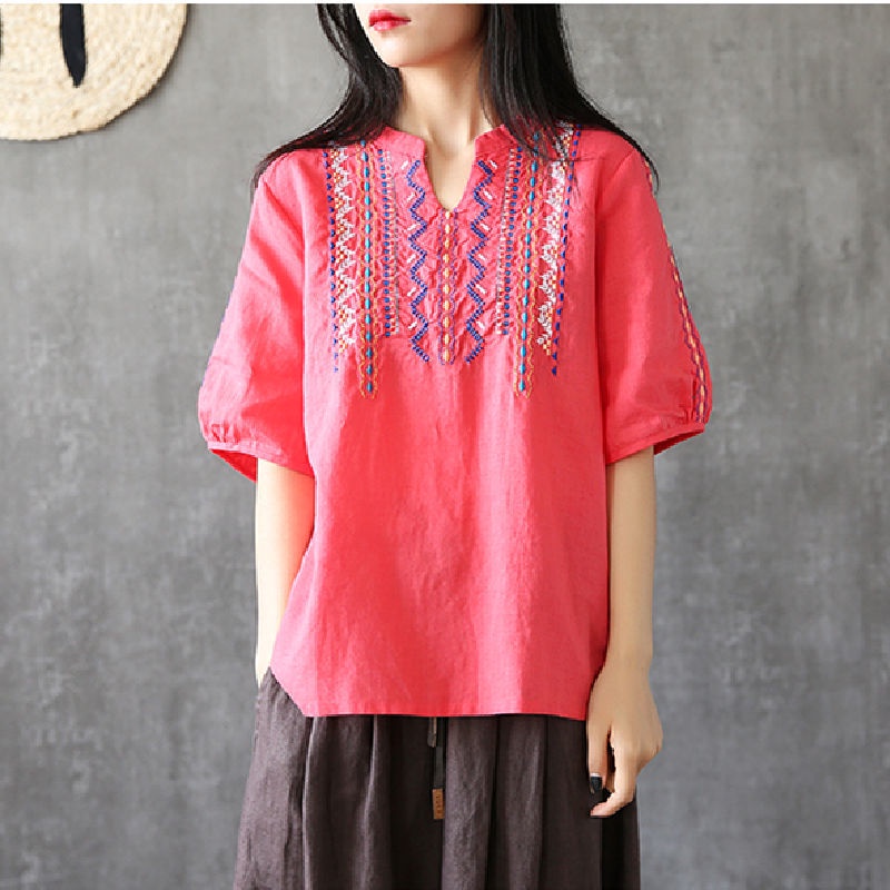 Áo Thun 100% Cotton Tay Ngắn Cổ Chữ v Họa Tiết Thêu Đơn Giản Thời Trang Mùa Hè Phong Cách Mới