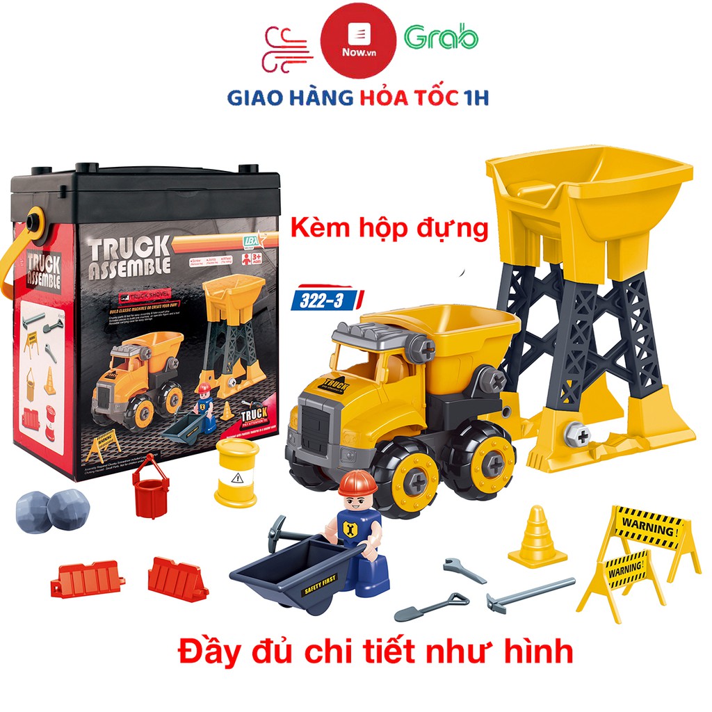 Bộ đồ chơi lắp ghép xe công trình kèm các chi tiết cần trục, công nhân, biển báo - nhựa nguyên sinh an toàn