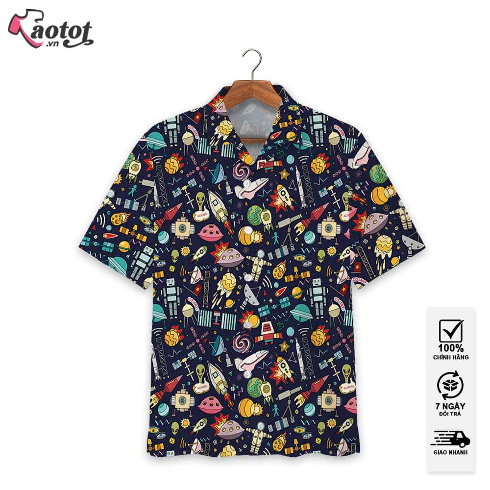 Áo Sơ Mi Hoạ Tiết Ngoài Không Gian Vũ Trụ Cartoon Space, Áo Mặc Du Lịch Biển Picnics