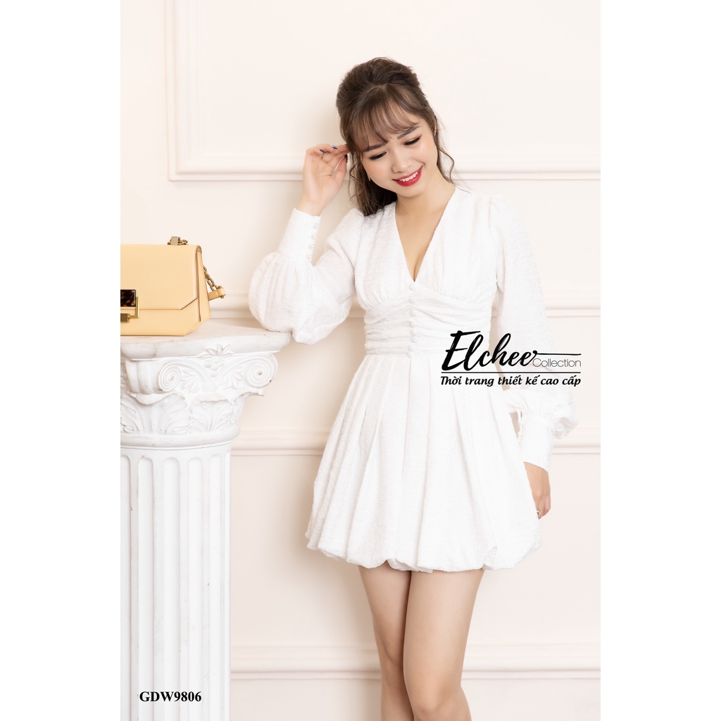 Đầm Trắng Nhún - Đầm trắng nhún xòe bèo tay dài thiết kế cao cấp Elchee Collection | BigBuy360 - bigbuy360.vn