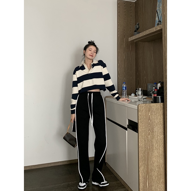 Quần thể thao ống rộng lưng thun co giãn phong cách Hàn Quốc cổ điển sành điệu cho nữ