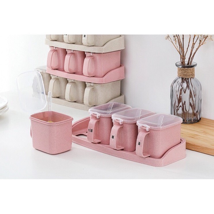 Khay 3-4 hũ/ hộp đựng gia vị bằng lúa mạch | BigBuy360 - bigbuy360.vn