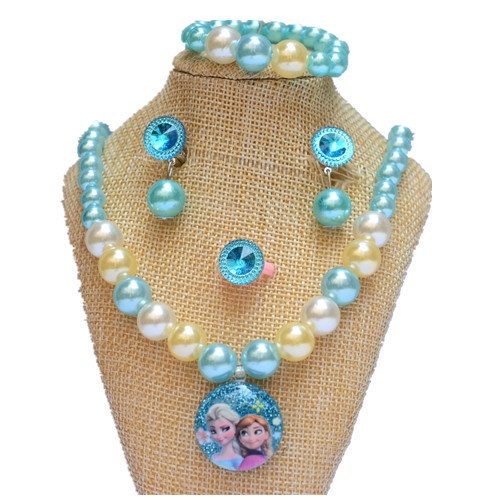Bộ Trang Sức 5 Món Gồm Vòng cổ / Vòng Tay / Nhẫn / Bông Tai Đính Ngọc Trai Nhân Tạo Hình Công Chúa Frozen Dễ Thương Cho Bé Gái