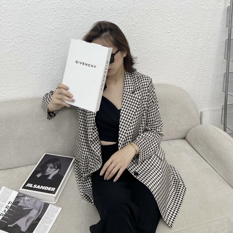Áo khoác blazer nữ 1 lớp dáng dài họa tiết chất vải mát, có độn vai hàng thiết kế Huien Design độc đáo, áo vest nữ