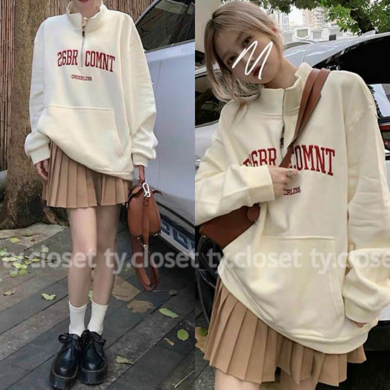 Set áo nỉ sweater thêu chữ kèm chan váy xếp ly nâu