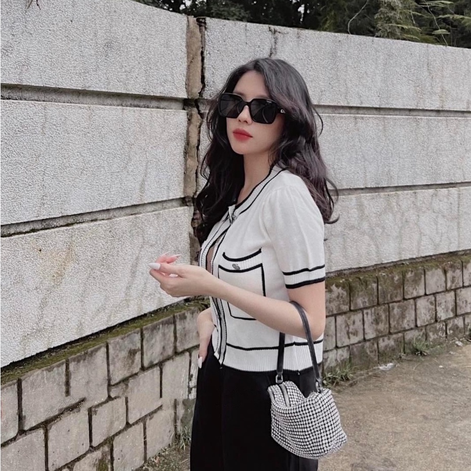 Áo Croptop Dệt Kim Đen Trắng Tay Ngắn Hàng Quảng Châu Cao Cấp Ailee