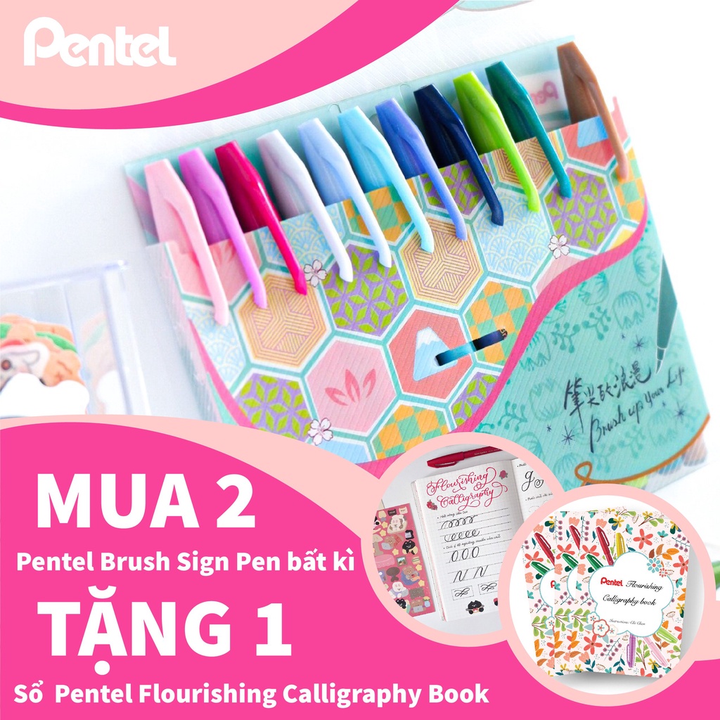 Bút Viết Thư Pháp Calligraphy Pentel Brush Sign Pen SES15C | 12 Màu Cơ Bản và 12 Màu Pastel