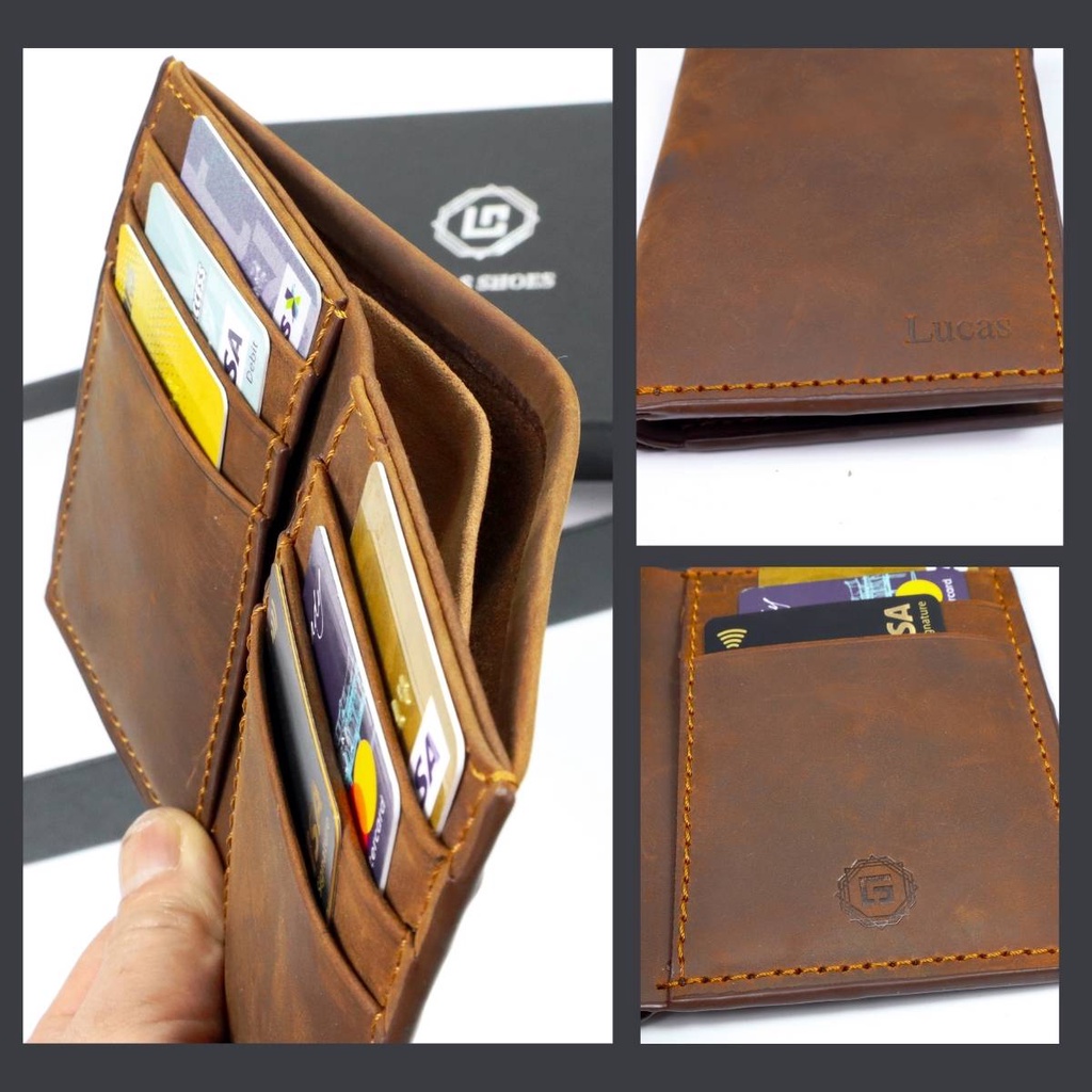 Ví nam gập đôi da bò Crazy Horse may thủ công Handmade 100%, chính hãng Lucas Shoes, bảo hành 6 tháng
