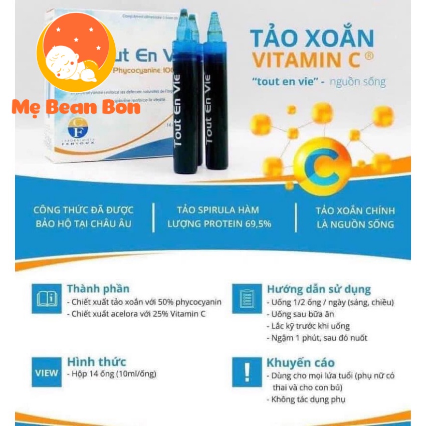 Tảo biển Pháp Tout En Vie kèm vitamin C 100mg 14ốngx15ml dạng nước giúp chăm sóc da tốt cho huyết áp tim mạch tiểu đương