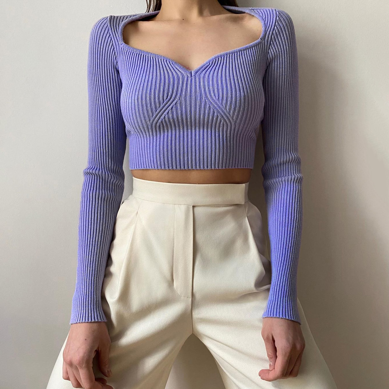 Áo Crop Top Cotton Đan Cổ Tim Tay Dài Thiết Kế Mới Cho Nữ