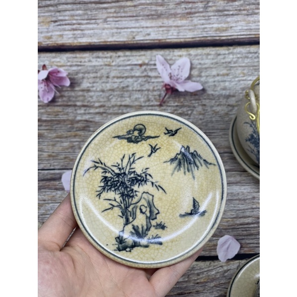 Ấm chén men rạn cổ Bát Tràng-bộ Trúc Lâm Thất Hiền, bộ Cổ Tự dưới gốc cây Tùng,bộ Nhị Cảnh Sơn Thuỷ quai đồng