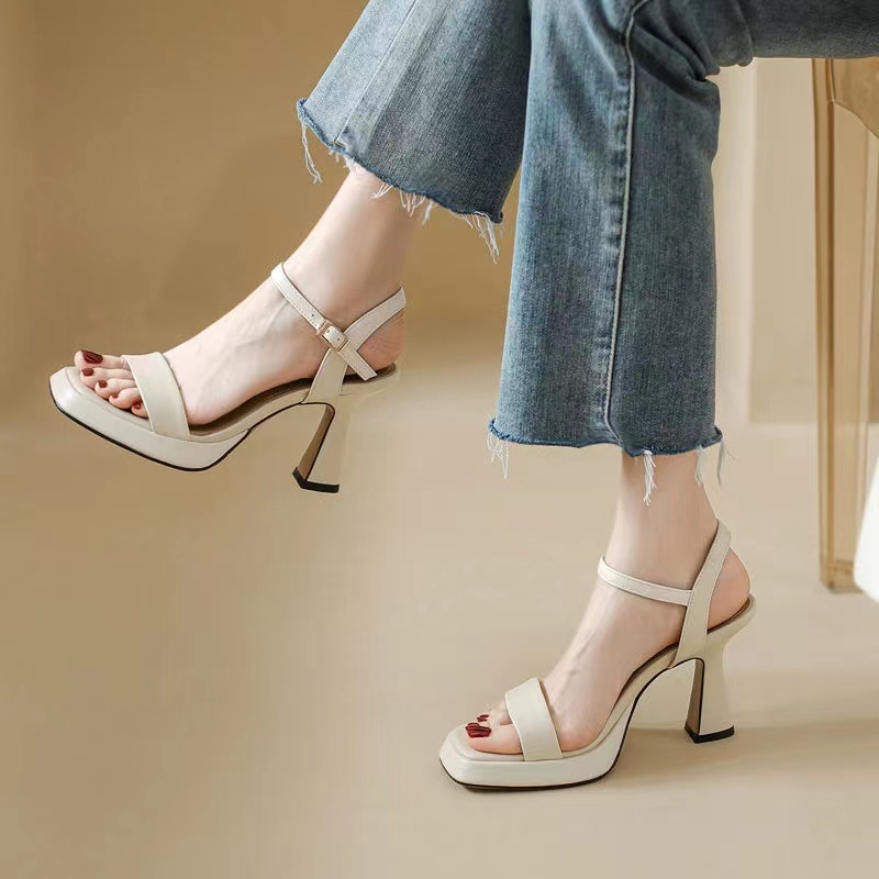 Emma💞Giày sandal cao gót hở mũi có khóa thời trang mùa hè 9cm siêu cao, chống thấm nước