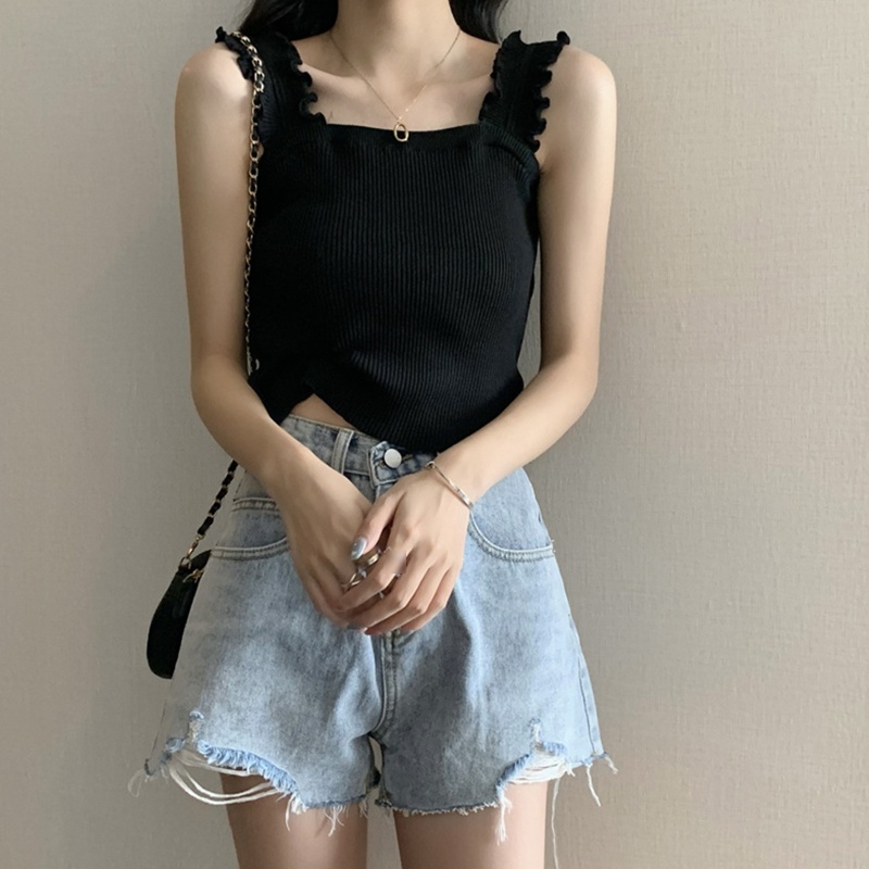 Áo Croptop Cổ Vuông Phối Bèo Thời Trang Mùa Hè Quyến Rũ Cho Nữ