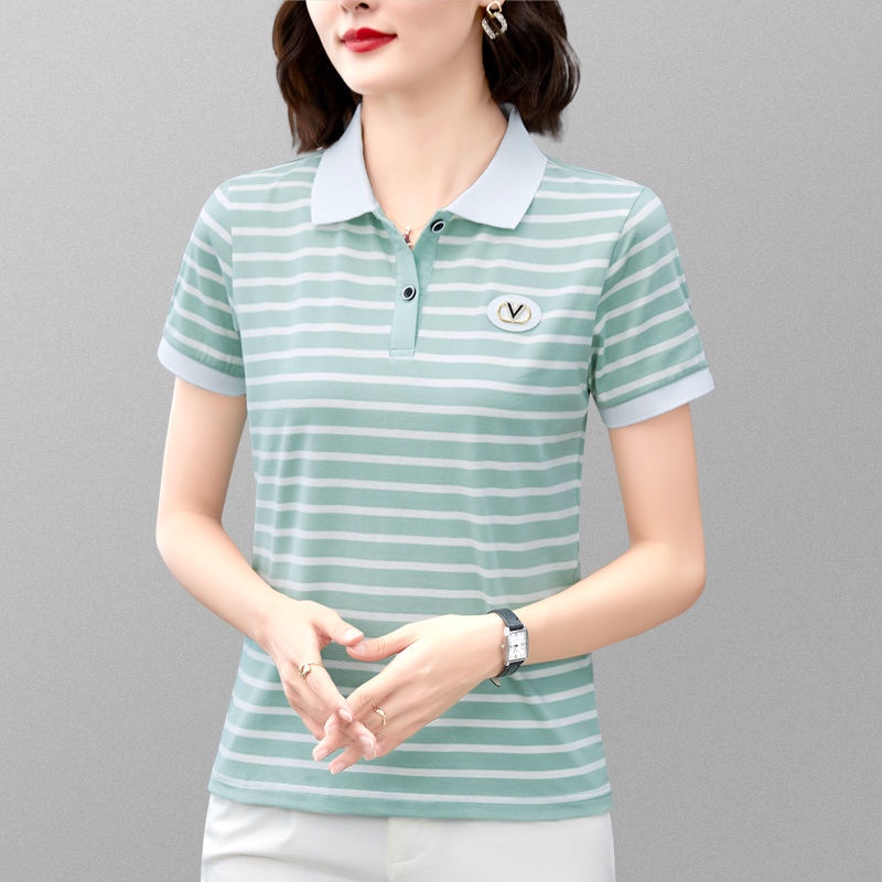Áo polo Tay Ngắn Họa Tiết Sọc Thời Trang Phong Cách Phương Tây Cho Nữ