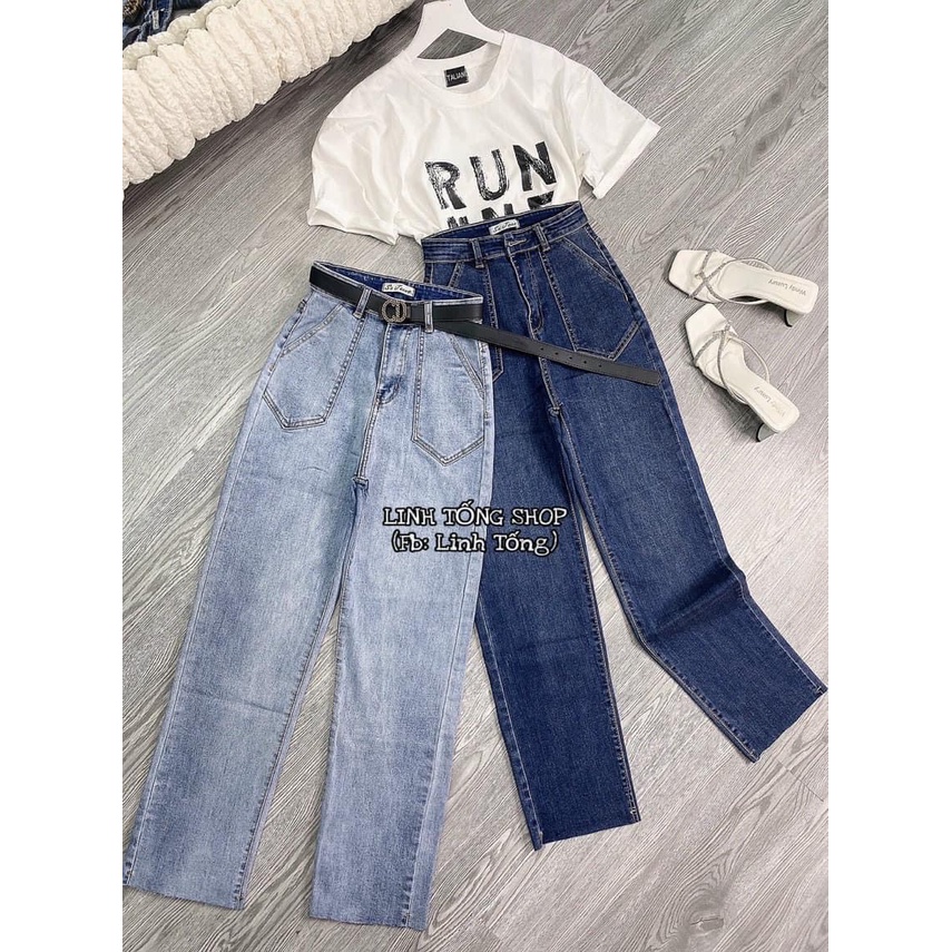 (Bigsize) Quần Jeans Ống Đứng Suông Rộng Dài 102cm Co Giãn Mạnh - Tua Lai Túi Hộp Lưng Siêu Cao ĐẬM/NHẠT