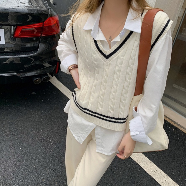 Áo Dệt Kim Cổ Chữ V Màu Sắc Tương Phản Thời Trang Mùa Thu Cho Nữ