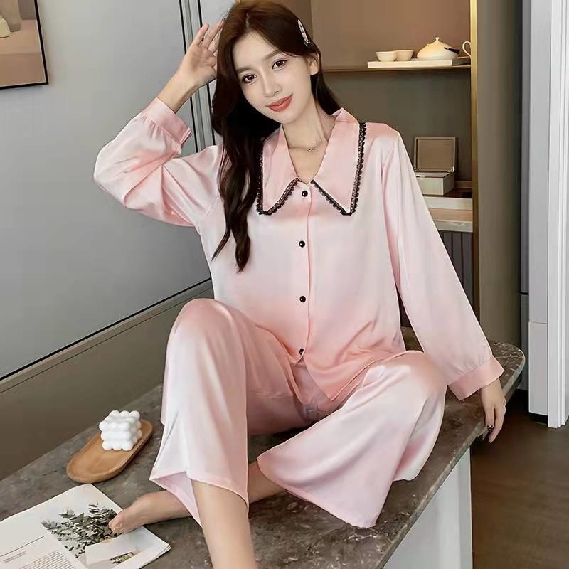 Bộ đồ ngủ cổ búp bê bằng lụa phối ren màu trơn thời trang mùa xuân dành cho nữ