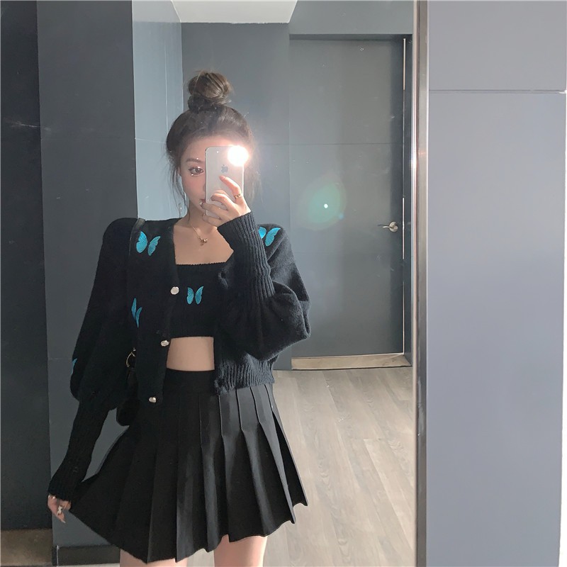 Set áo 2 dây len croptop bướm + áo khoác len bướm form ngắn có cúc áo + váy xếp ly đen ngắn ulzzang