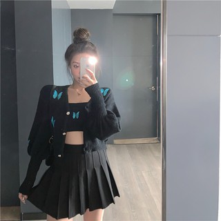 Set áo 2 dây len croptop bướm + áo khoác len bướm form ngắn có cúc áo + váy xếp ly đen ngắn ulzzang