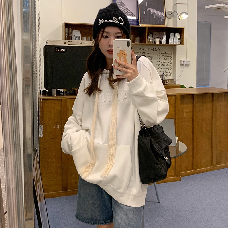 Áo hoodie SUXI dáng rộng họa tiết chữ thời trang cho nữ