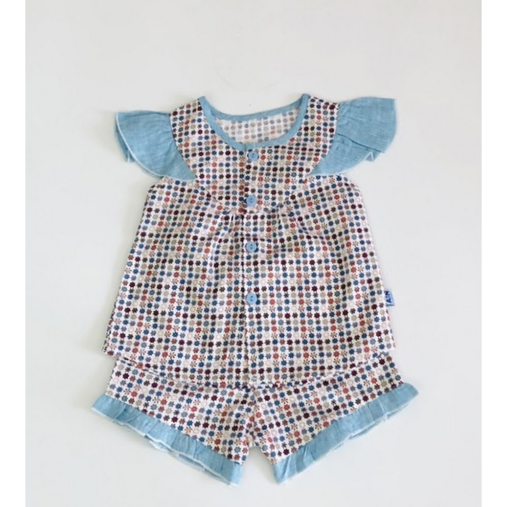 Bộ quần áo ngắn bé gái họa tiết Nhí xanh dương cotton - AICDBGAJTKFW - AIN Closet