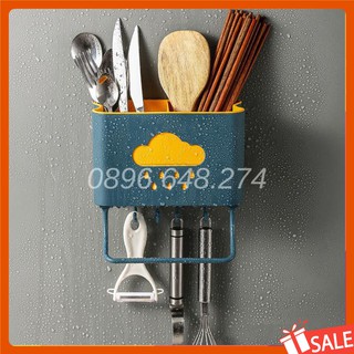 Ống đựng đũa dán tường tiện lợi - ống cắm đũa, thìa treo tường hình đám mây có móc treo khăn