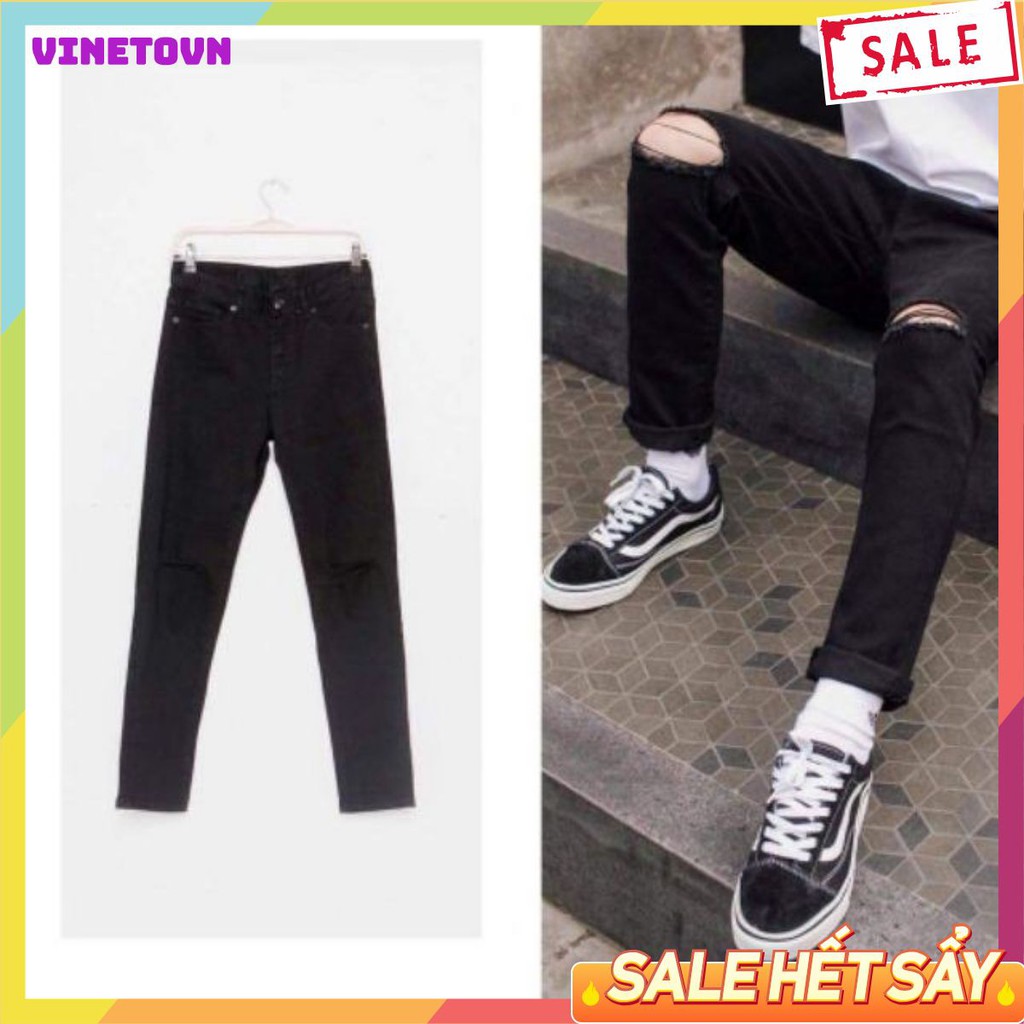 Quần jean nam ống côn trơn basic, quần bò nam rách gối cá tính thời trang