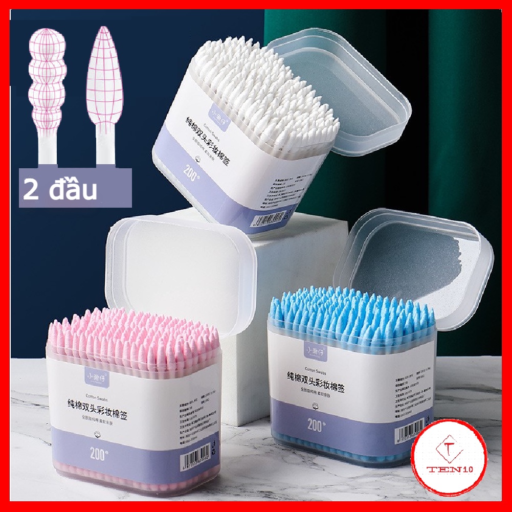 Tăm bông ngoáy tai lấy ráy tai, trang điểm hai đầu bông cao cấp mềm mịn kháng khuẩn bảo vệ tai dùng một lần 200 que