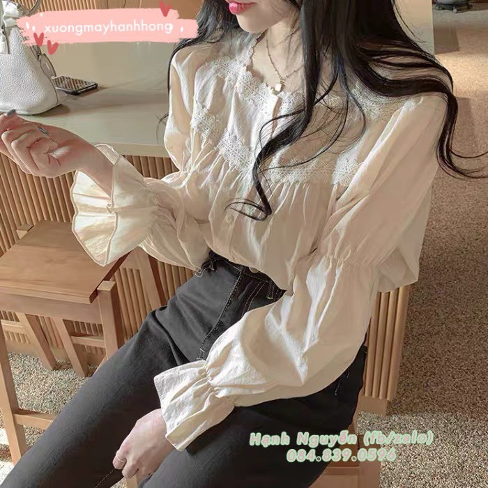 Áo sơ mi trắng ulzzang cổ vuông bánh bèo, áo kiểu tay bồng vintage cực xinh - Xưởng May Hạnh Hồng