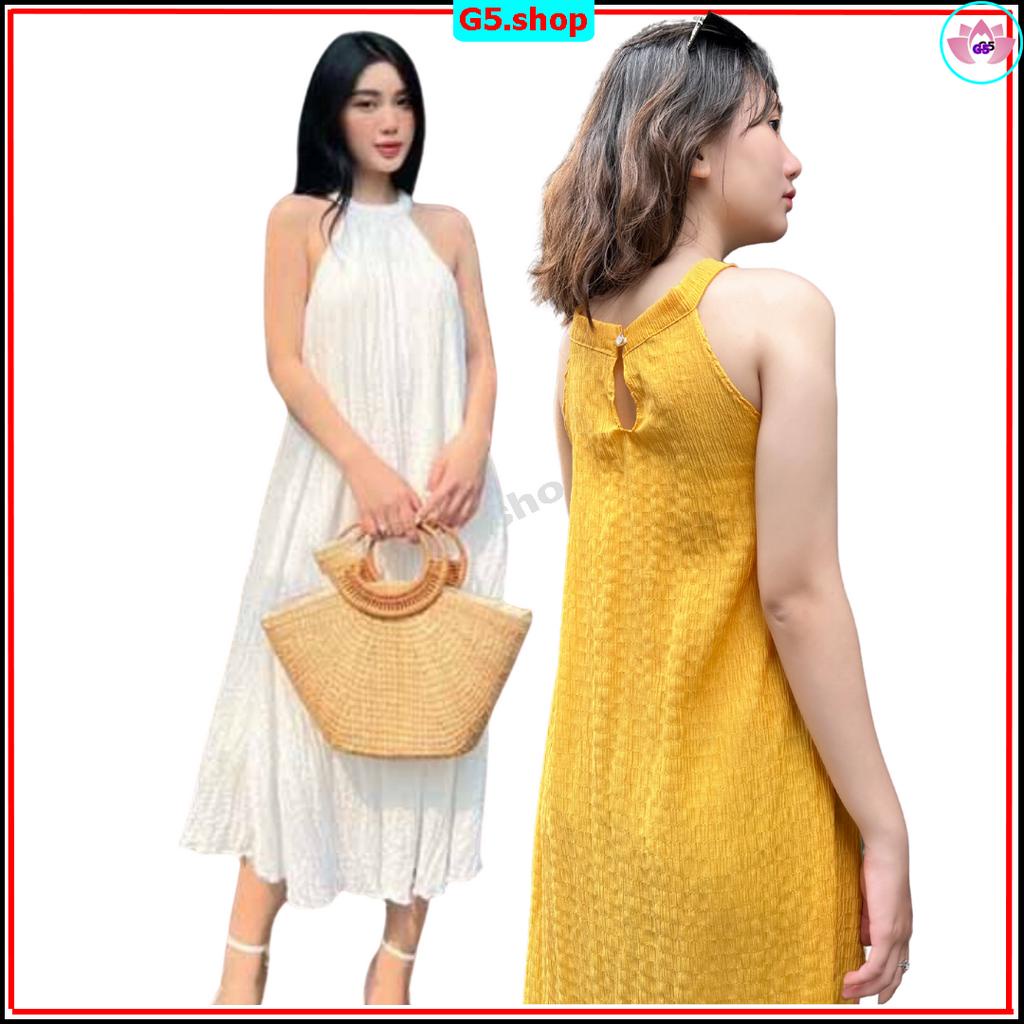 Váy kiểu nữ , Đầm maxi đũi xốp cổ yếm dáng babydoll suông dài cực xinh G5
