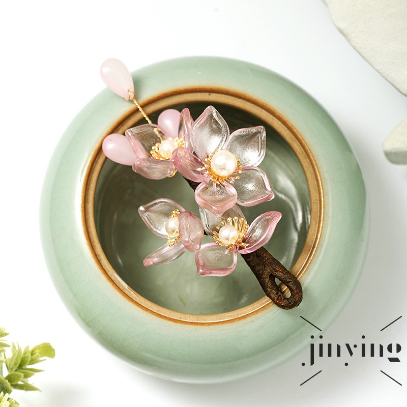 ❤S Wind Antique Style Hairpin Fresh Retro Imitated Jade Pink Flower Hair Accessories Fashion Han Chinese Clothing Hair O